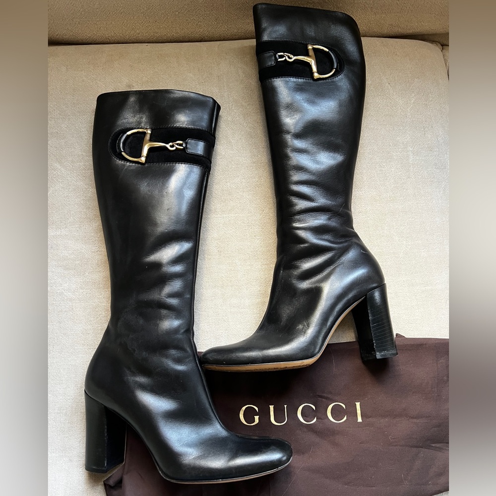 GUCCI black leather knee high horsebit boots